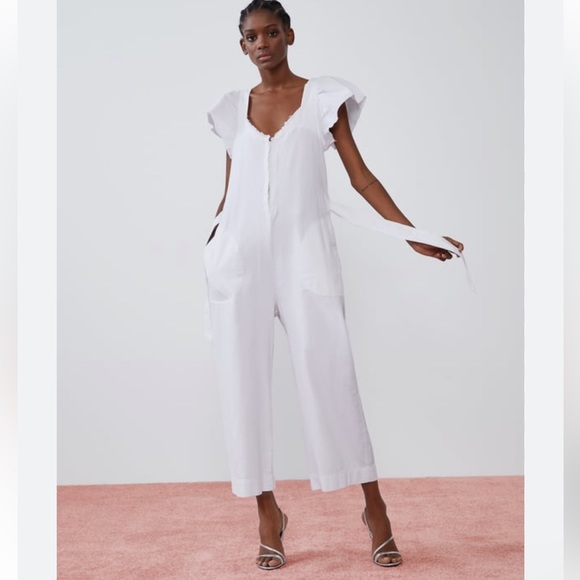 Zara White Rustic Denim Raw Hem Ruffled Cap Sleeve Belted Jumpsuit Playsuit XS - Picture 3 of 13